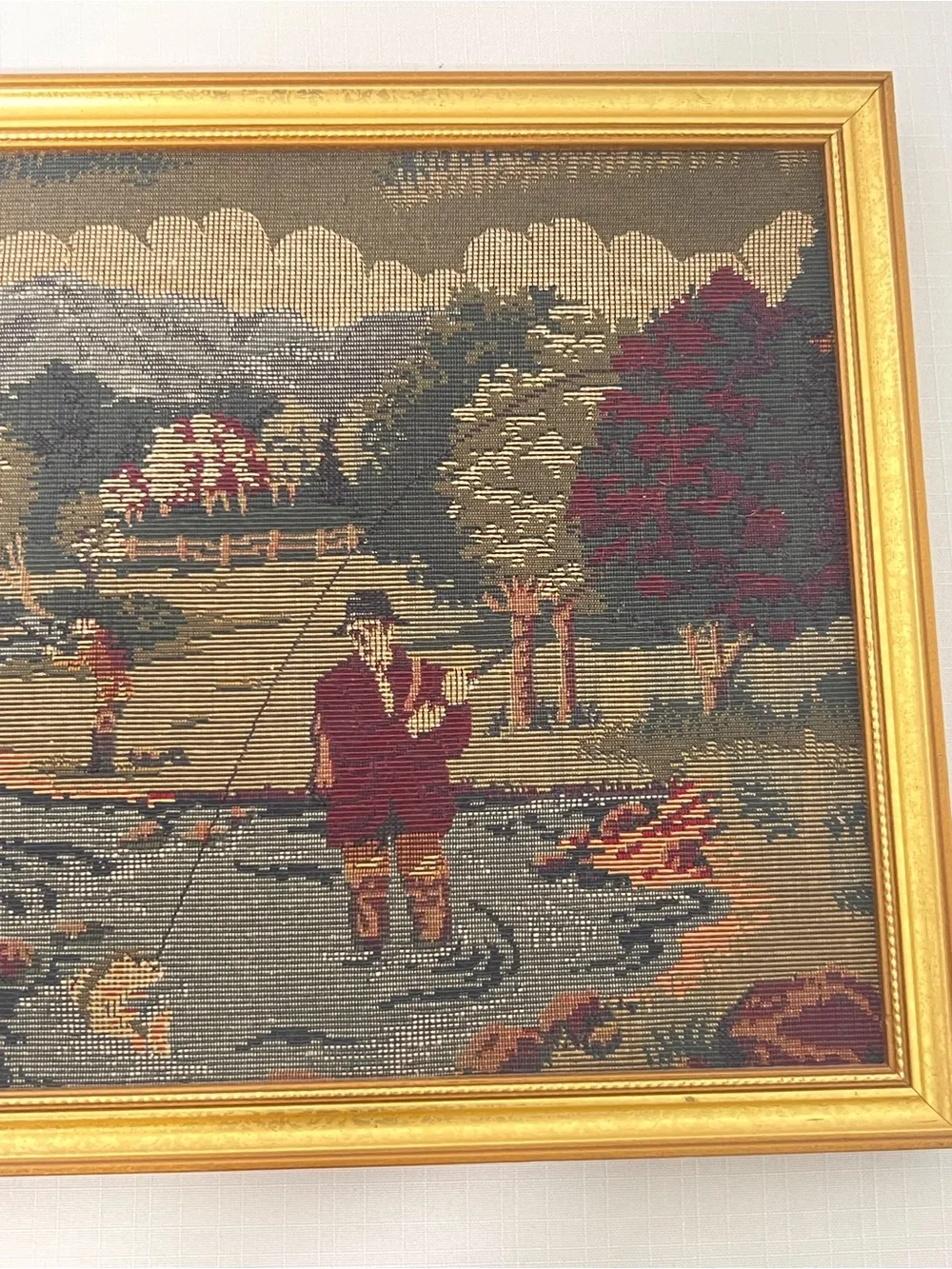 Vintage Needle Point Tapestry Fly Fishing Outdoor Scene Framed Wall Art